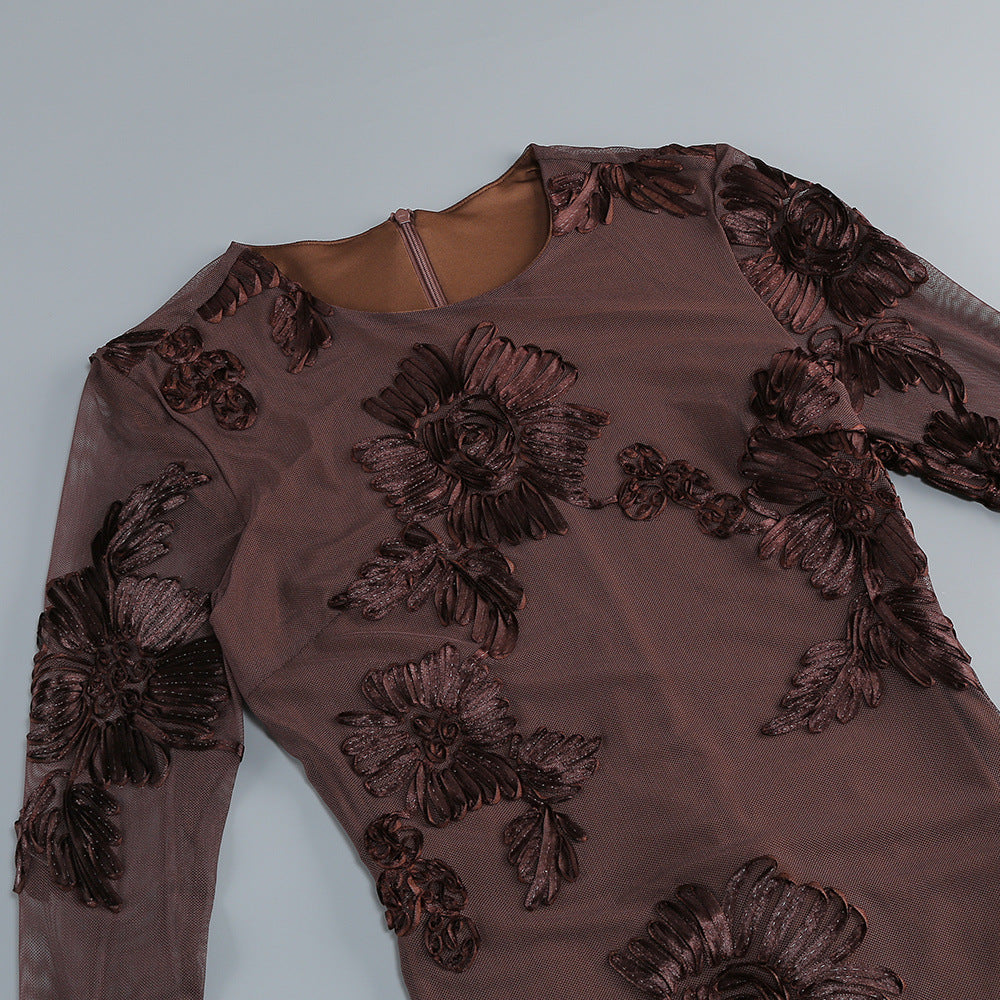 Jovan Coffee Flower Long Sleeve Mini Dress | Sheer Bell-Sleeve Floral Dress