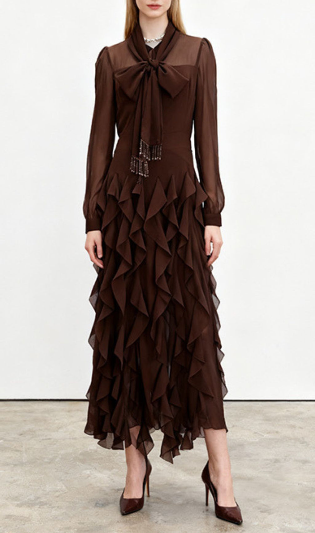 Isaak Ethereal Ruffle Maxi Gown - Elegant Chiffon Dress with Statement Bow Neck