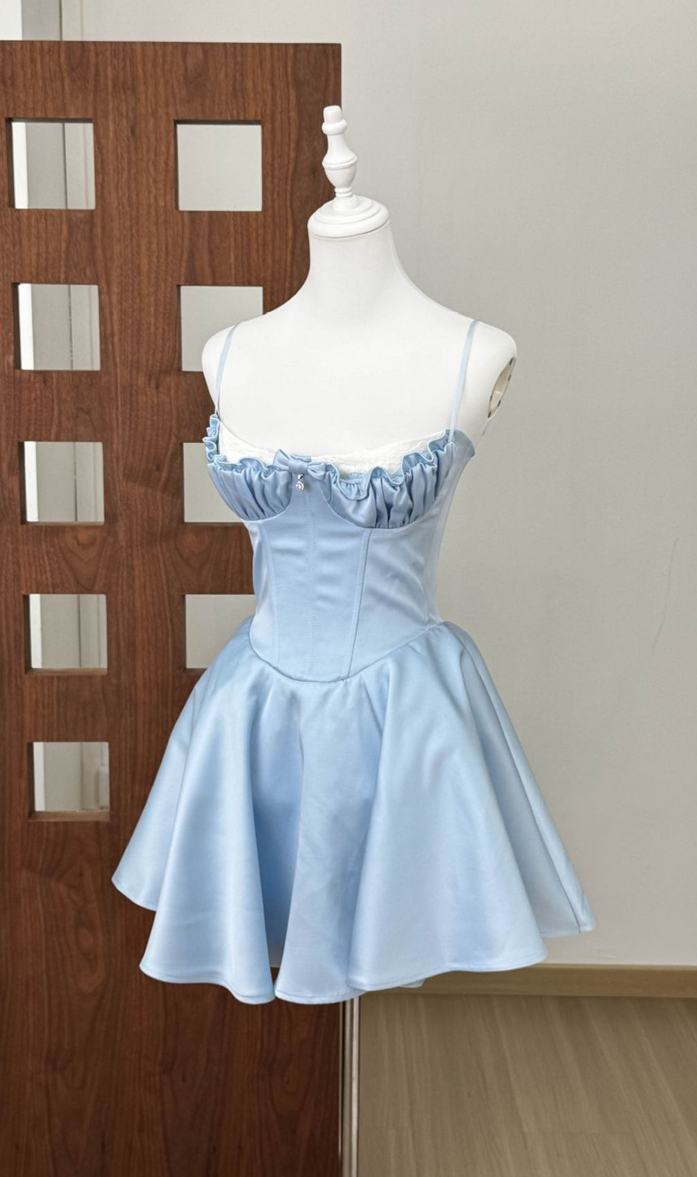 Kelsy Ethereal Blue Satin Corset Mini Dress with Lace Trim
