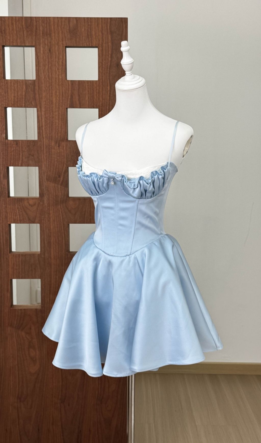 Kelsy Ethereal Blue Satin Corset Mini Dress with Lace Trim