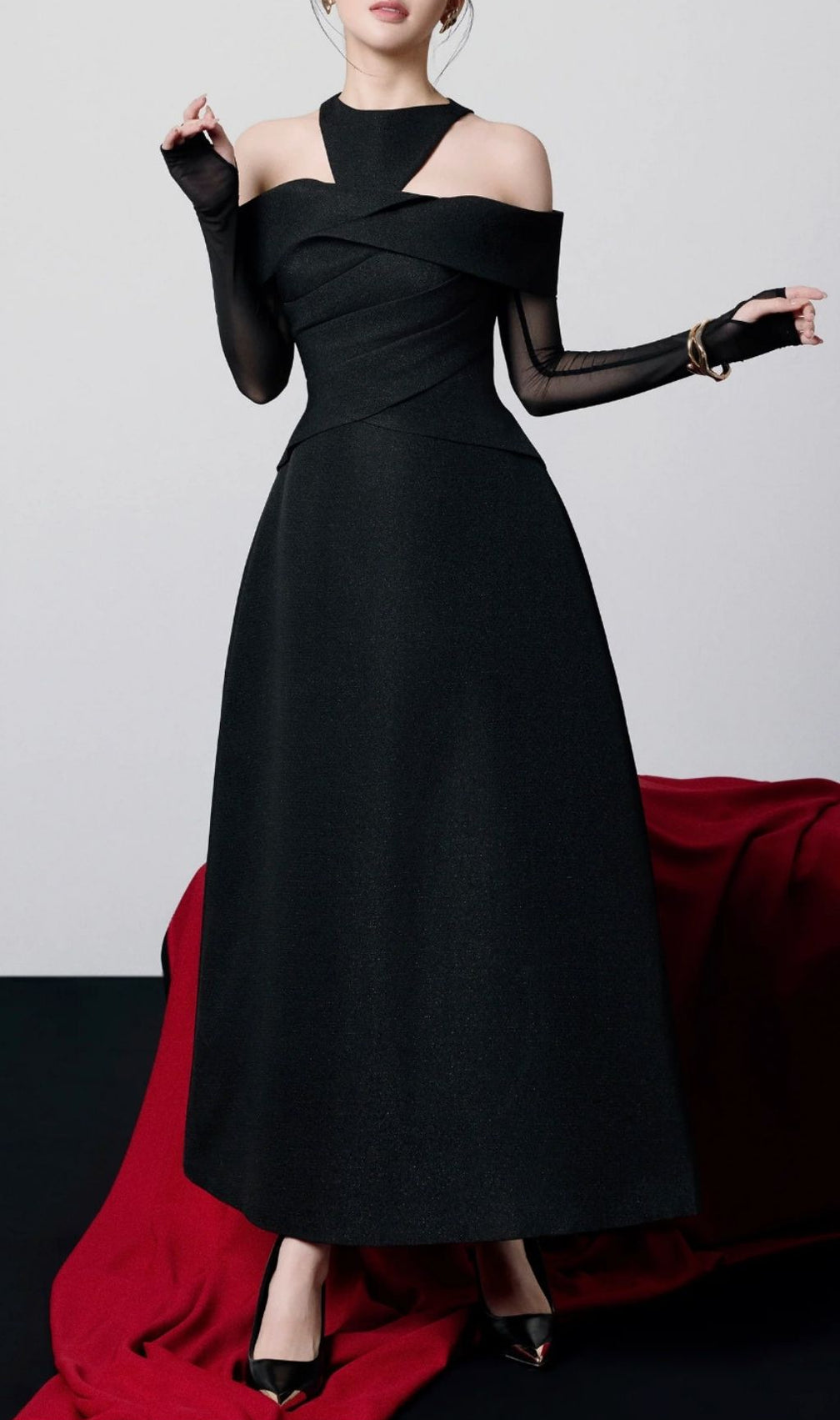 Kesha Black Off-Shoulder Maxi Gown with Sheer Sleeves | Elegant Evening Dress