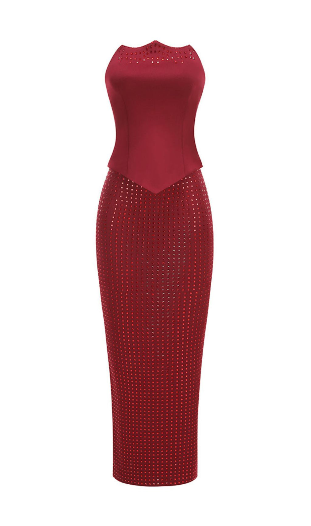 Isley Red Dazzling Embellished Strapless Corset Top & Maxi Skirt Set