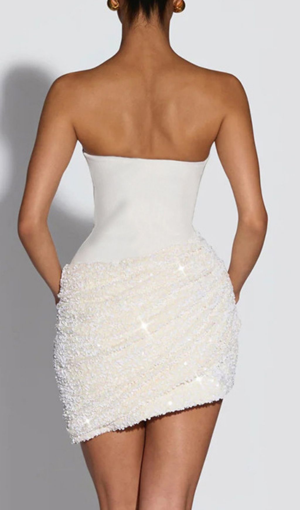 Cevorin Glamour Glow: White Strapless Sequin Mini Dress with Scarf Detail