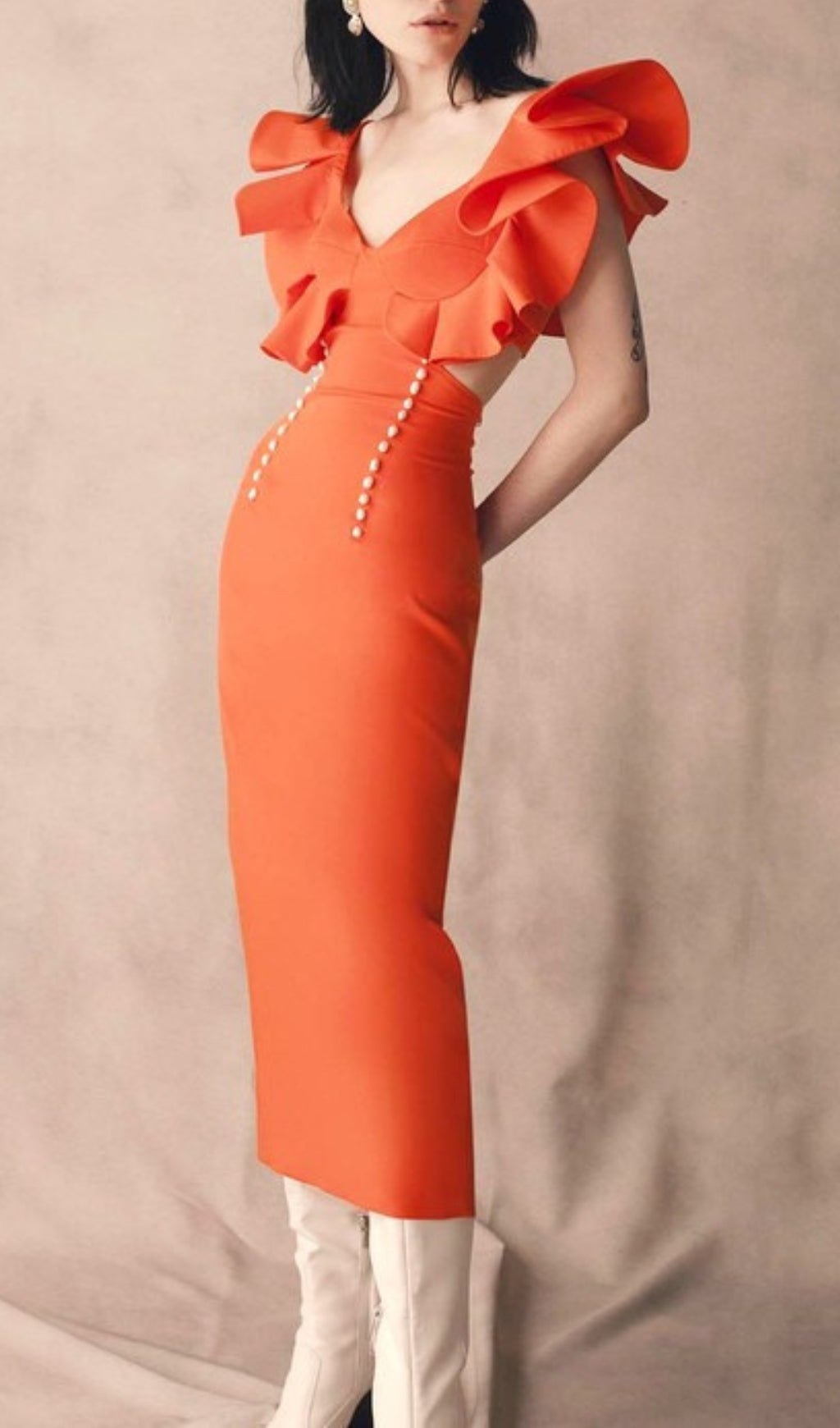 Blanchard Orange Ruffle Sleeve Midi Dress