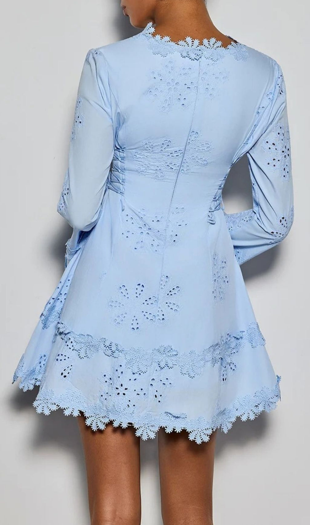 Delicia Romantic Baby Blue Eyelet Mini Dress | Flare Sleeve & Corset Detail