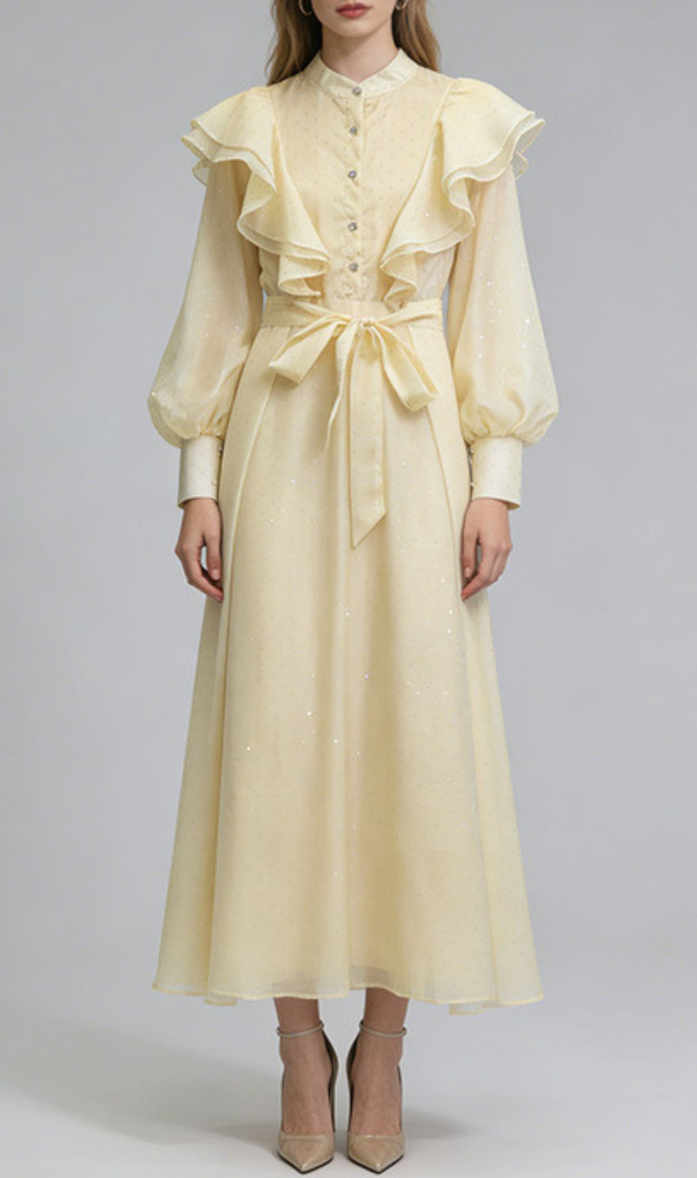 Jolanda Sparkle Ruffle Maxi Dress - Elegant Long Sleeve Gown