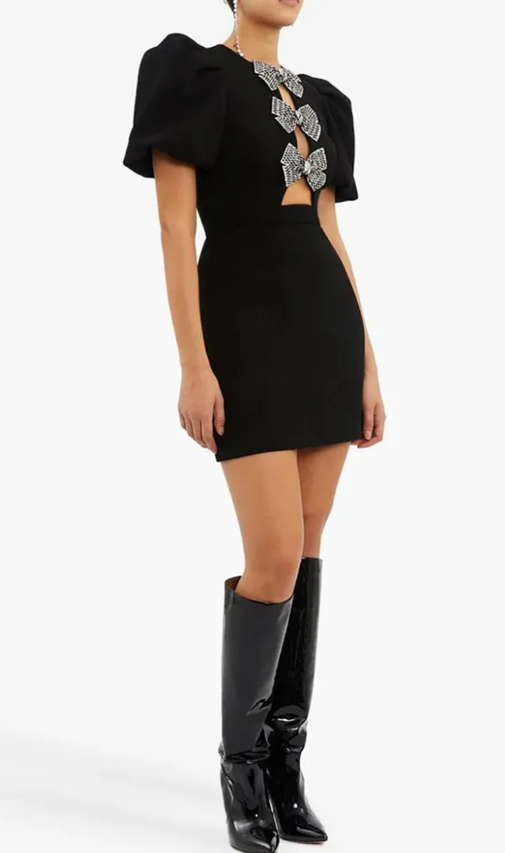 Black Short Sleeve Round Neck Bow Hollow Mini Dress