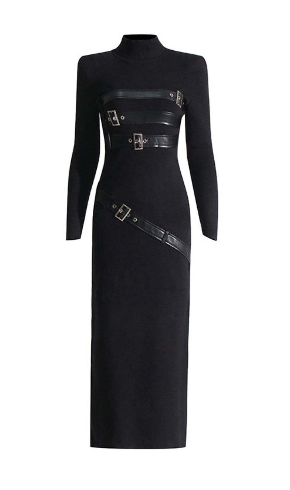 Isai Black Statement Buckle Maxi Dress - Long Sleeve Evening Gown
