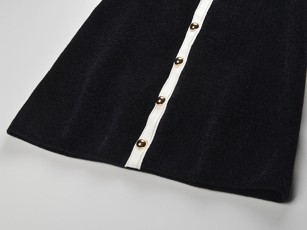 Jenne Black Sleeveless Mini Dress with Contrast Trim & Gold Button Details