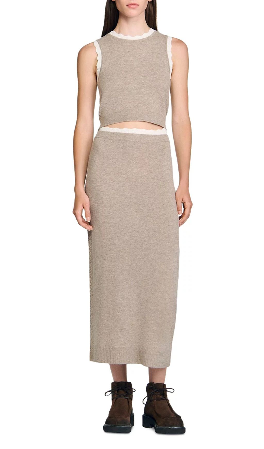 Elegant Sleeveless Knit Crop Top with Scalloped Pointelle Trim