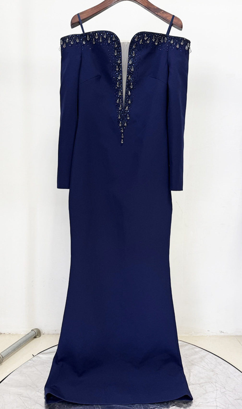 Eurybia Navy Off-Shoulder Crystal Maxi Dress