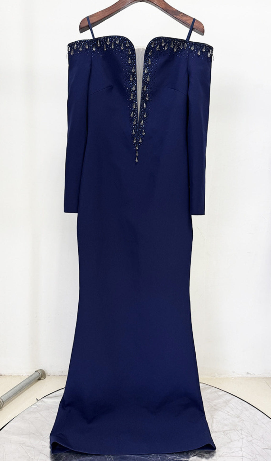 Eurybia Navy Off-Shoulder Crystal Maxi Dress
