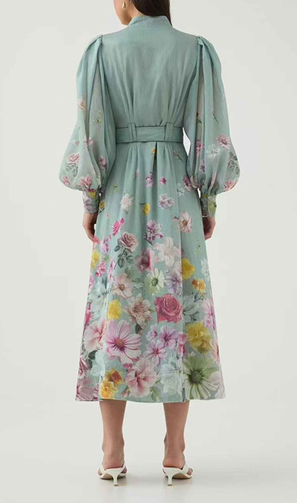 Elsie Green Lantern Sleeve Floral Midi Dress