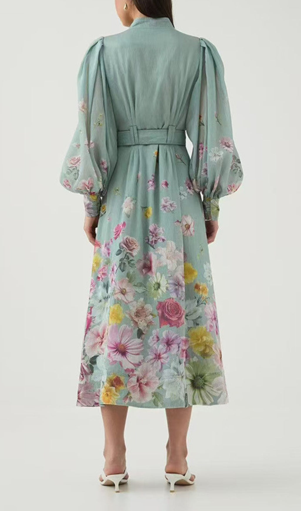 Elsie Green Lantern Sleeve Floral Midi Dress