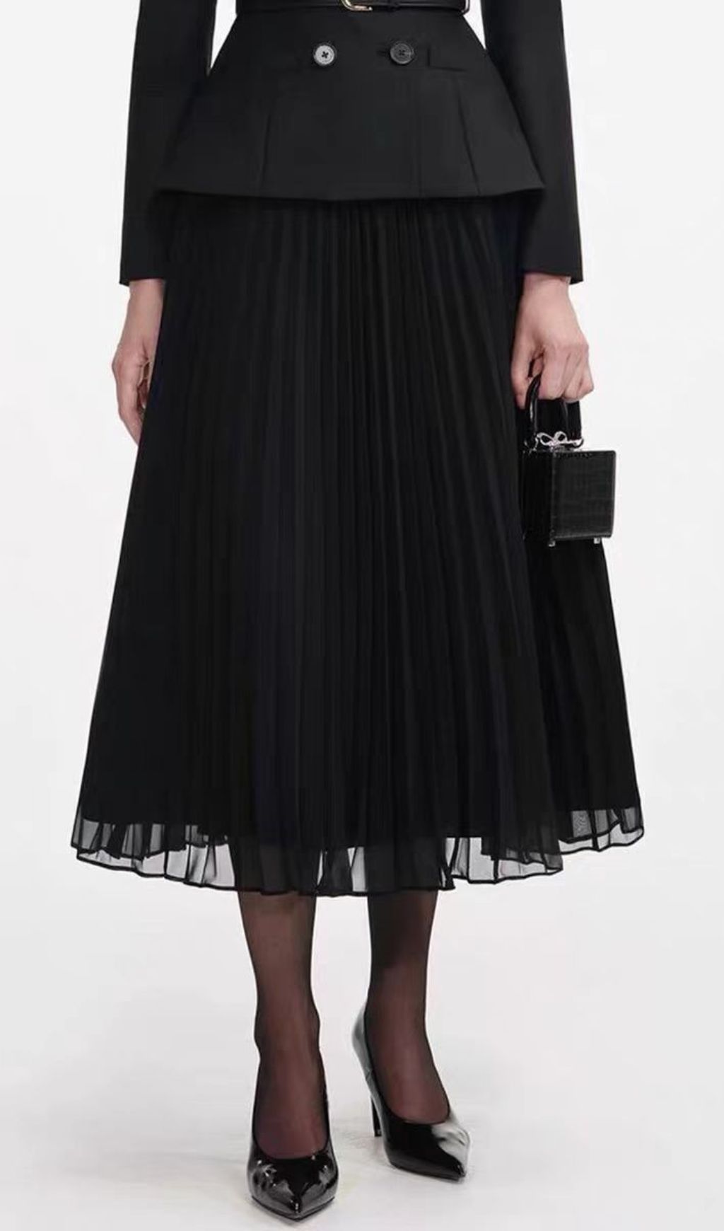 Julitta Black Peplum Power Midi Dress - Long Sleeve & Pleated Skirt