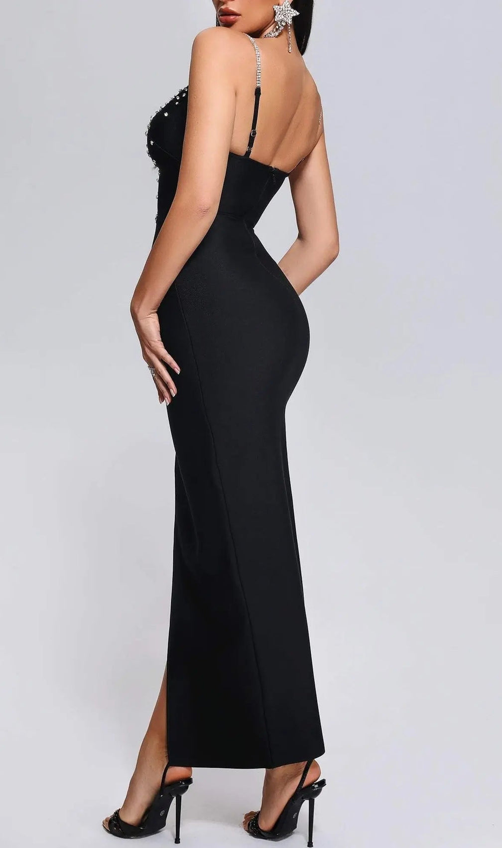 Diamonate Slit Maxi Bandage Dress - Black