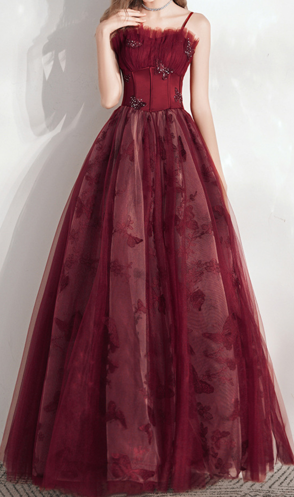 Harriet Red Butterfly Corset Mesh Maxi Dress