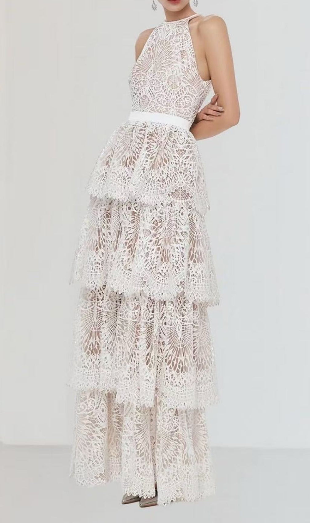 Kaylana Halter Embroidered Lace Tiered Maxi Dress - Boho Chic Wedding Guest Gown