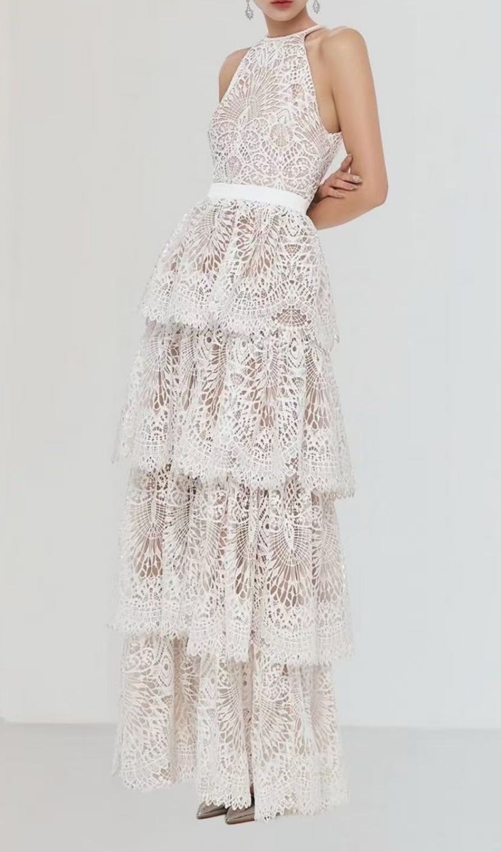 Kaylana Halter Embroidered Lace Tiered Maxi Dress - Boho Chic Wedding Guest Gown