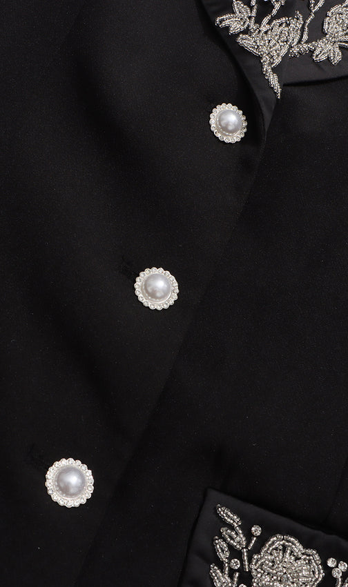 Ilonka Black Floral Beaded Maxi Dress - Elegant Long Sleeve Formal Gown