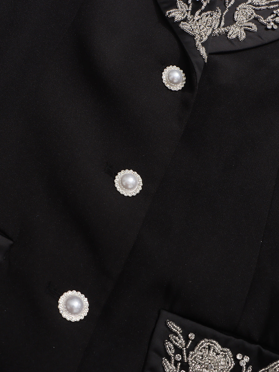 Ilonka Black Floral Beaded Maxi Dress - Elegant Long Sleeve Formal Gown