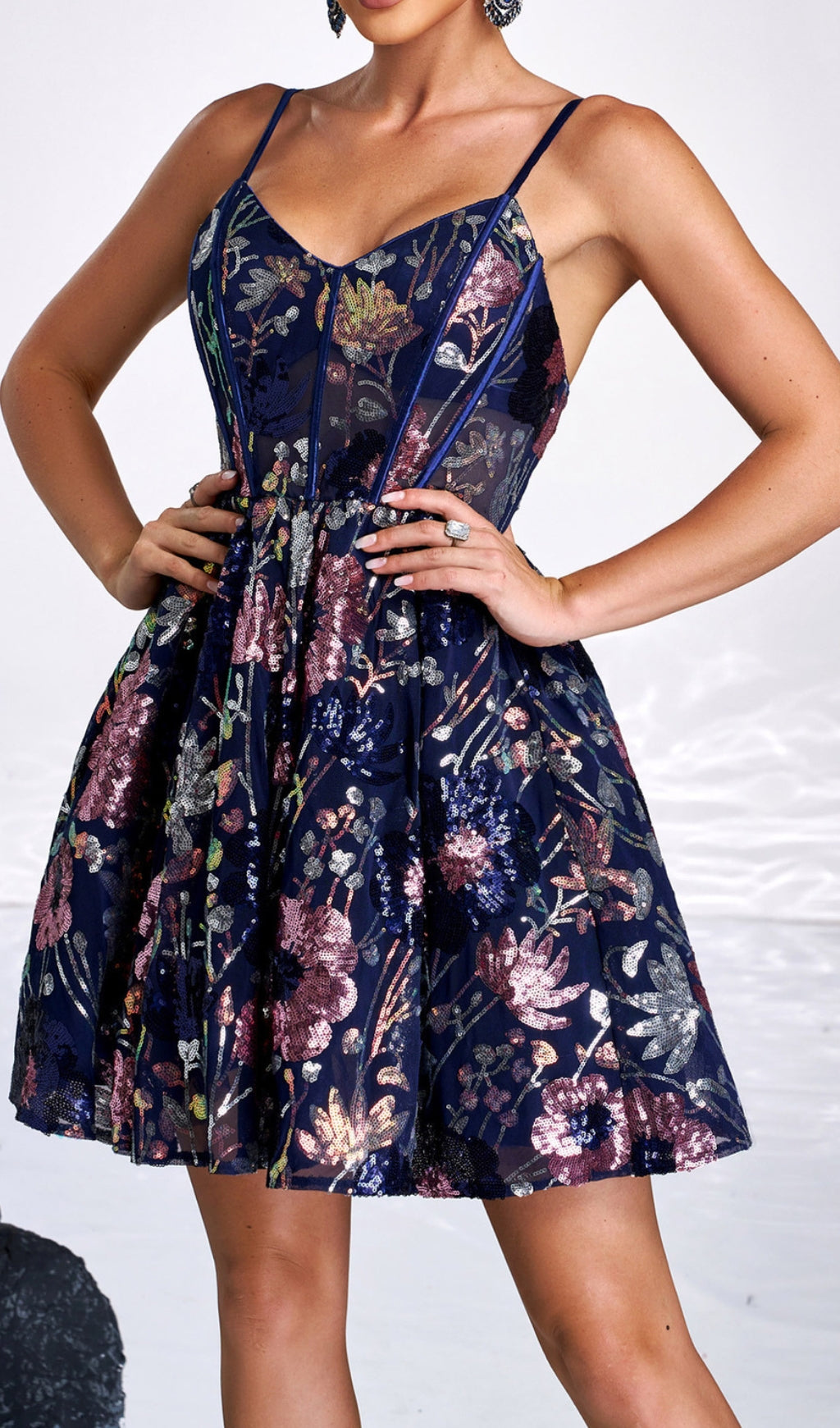 Cedar Navy Flower Corset Mini Dress