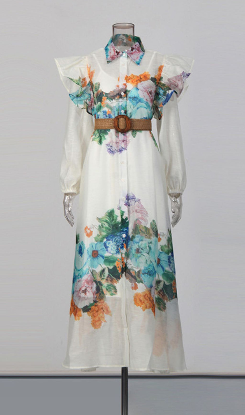 Janie Romantic Floral Ruffled Maxi Shirtdress with Belt