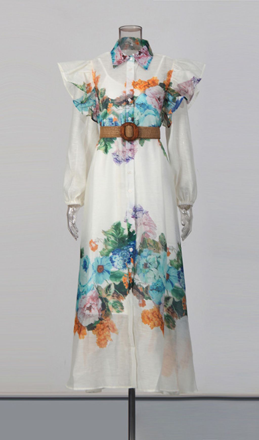 Janie Romantic Floral Ruffled Maxi Shirtdress with Belt