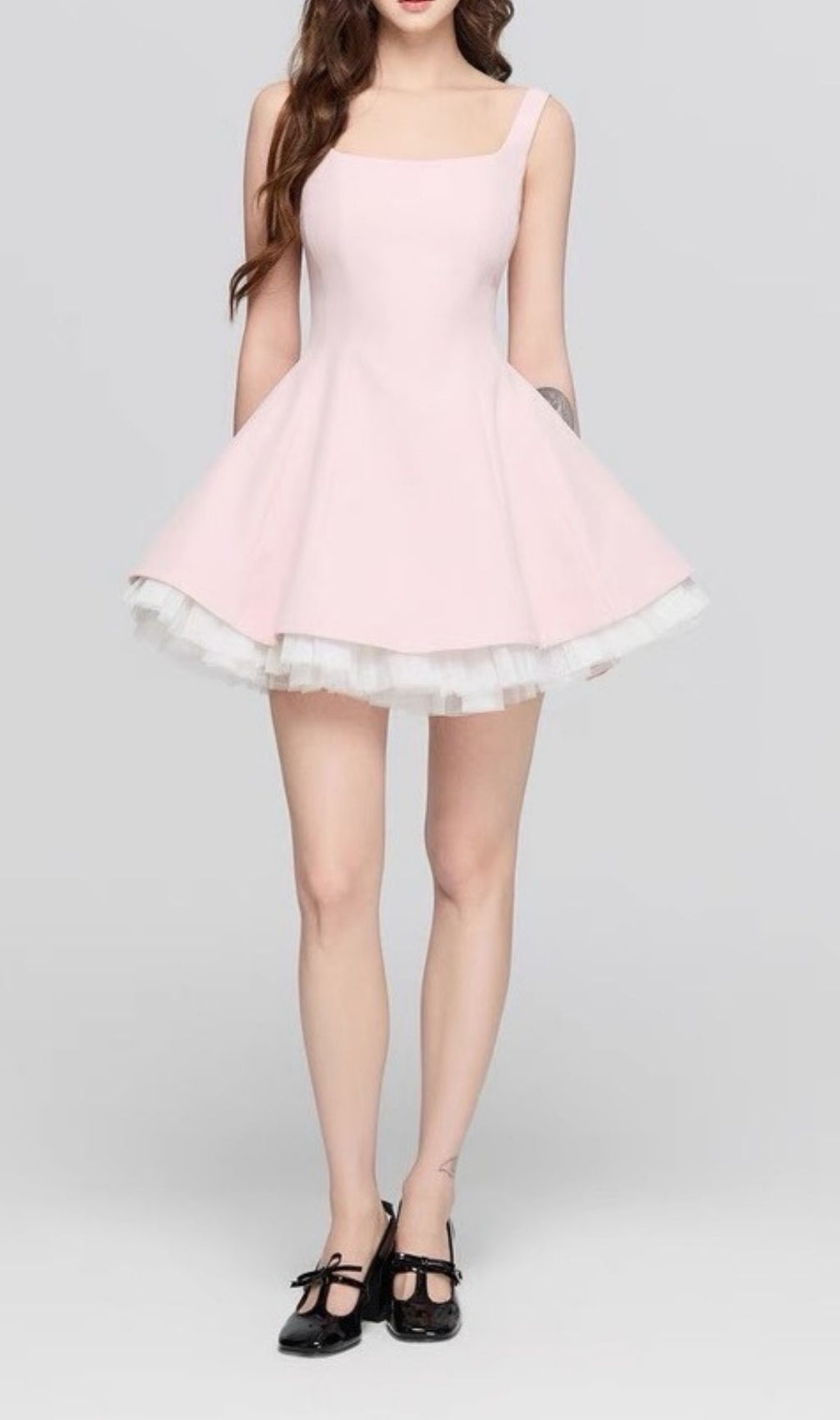 Karlie Sweet Pink Square Neck Fit & Flare Mini Dress with Tulle