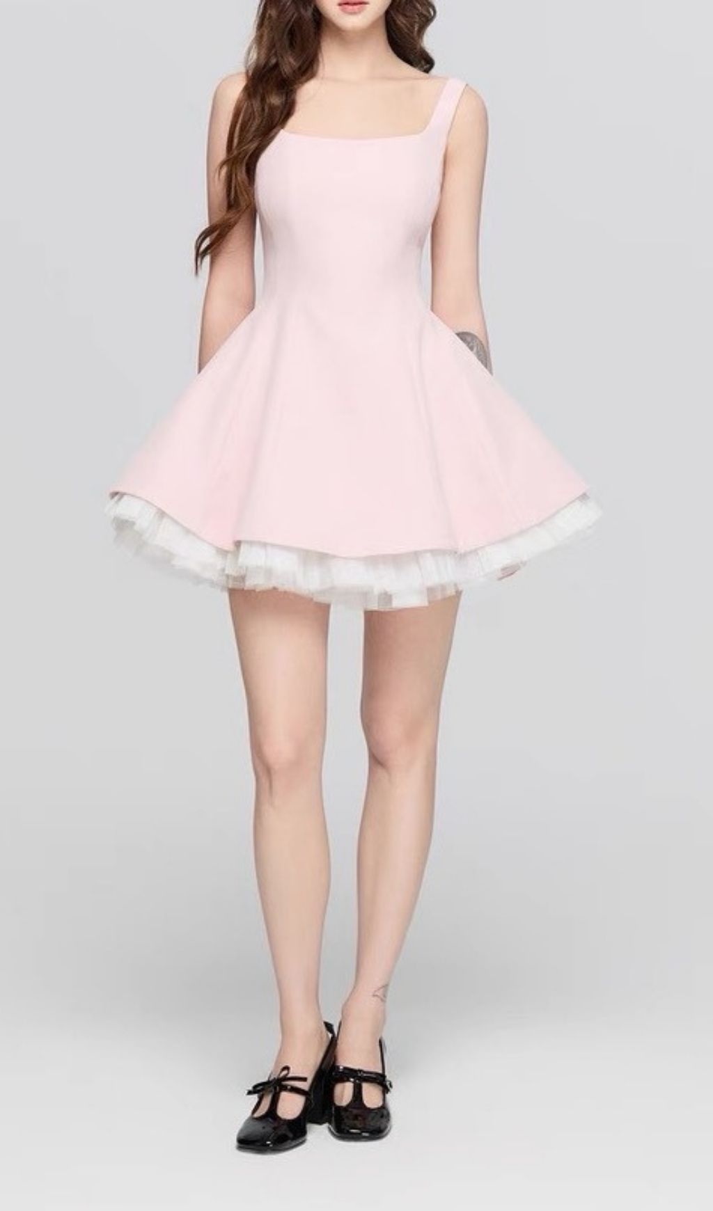 Karlie Sweet Pink Square Neck Fit & Flare Mini Dress with Tulle