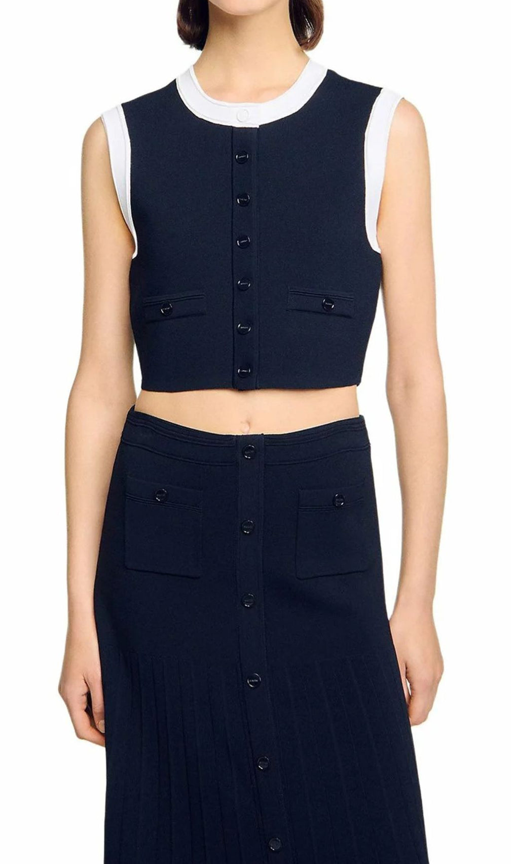 Elegant Two-Tone Cropped Knit Top | Sleeveless Button-Front with Contrast Trim