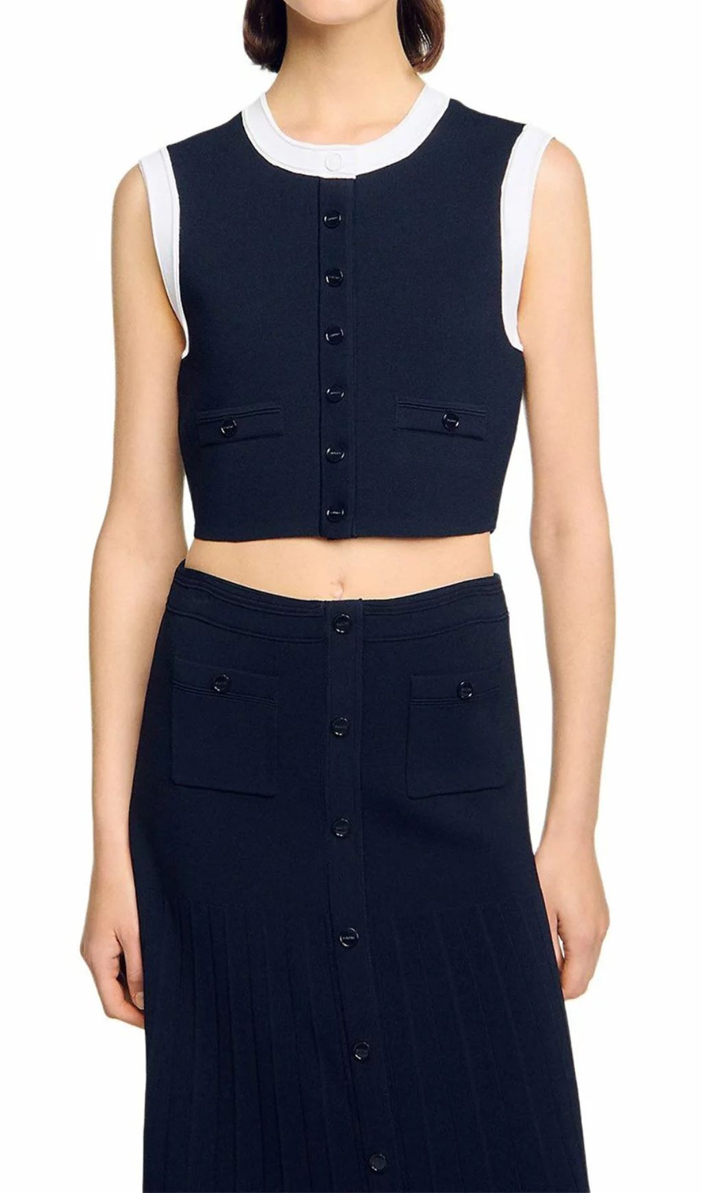 Elegant Two-Tone Cropped Knit Top | Sleeveless Button-Front with Contrast Trim