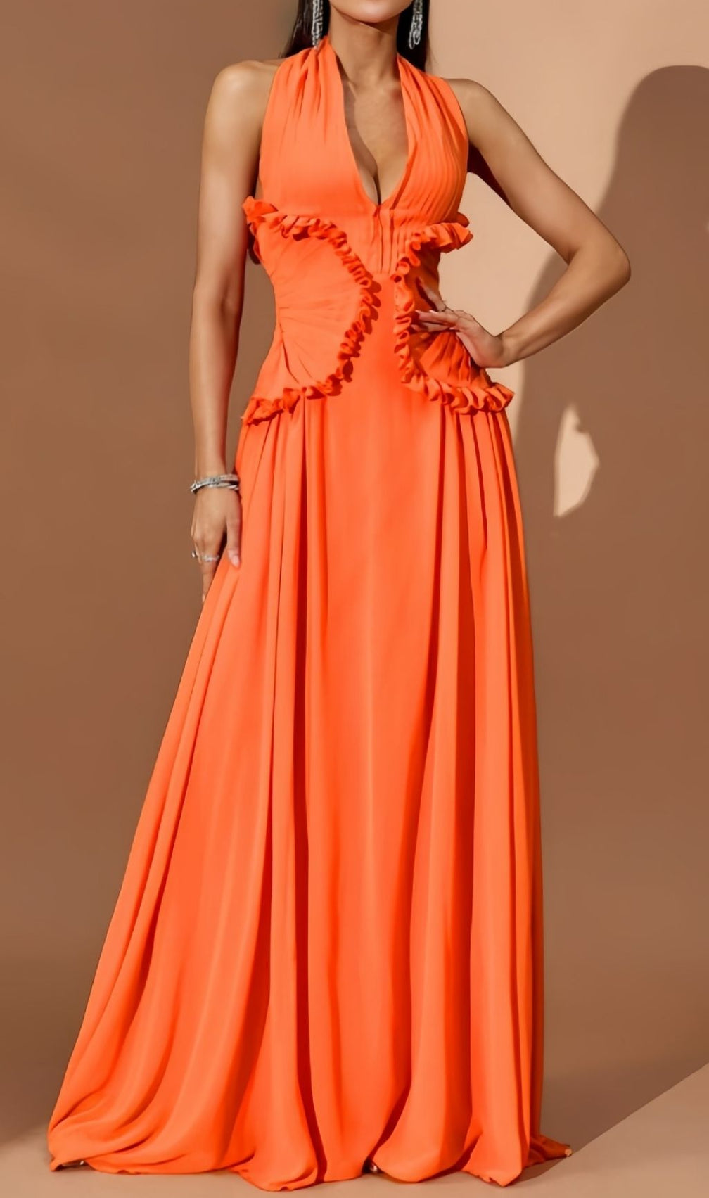 Kallisto Halter Pleated Maxi Dress: Vibrant Orange Evening Gown for Galas & Events