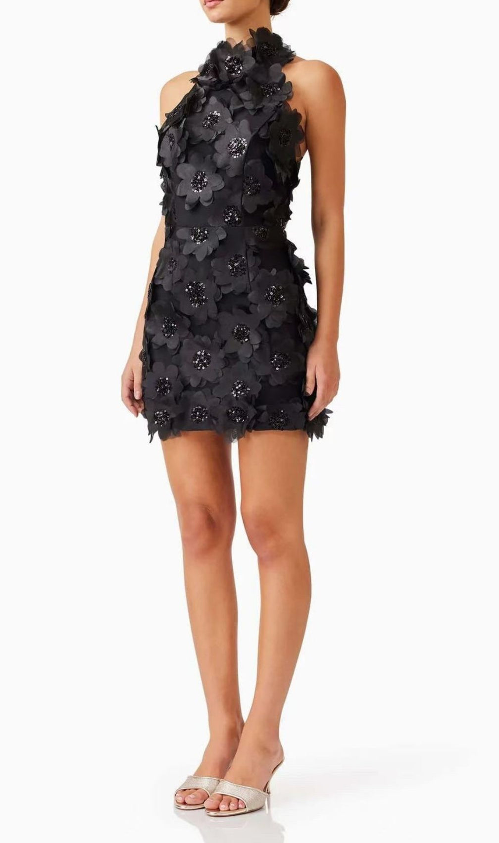 Pavryn Black Sequin Flower Halter Mini Dress | Dazzling Party & Cocktail Attire