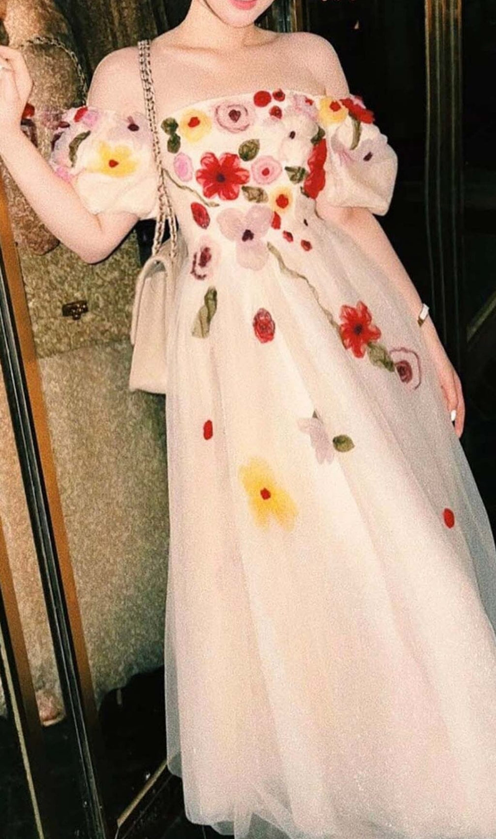 Flowers Print Puff Sleeve Midi Dress In Pink