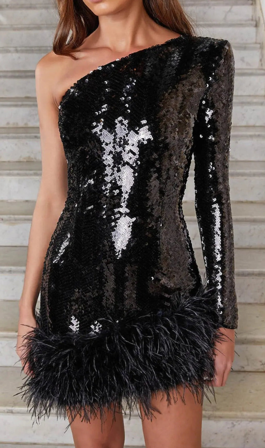 Black Sequin One Shoulder Feather Mini Dress
