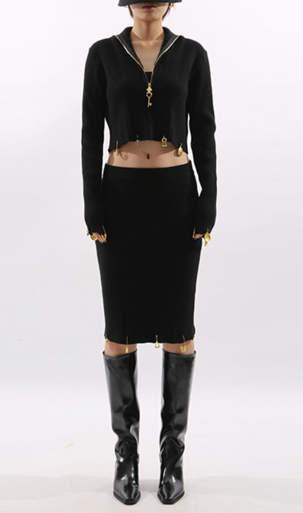 Idun Black Ribbed Knit Two-Piece Set | Edgy Cropped Top & Pencil Skirt with Gold Charms
