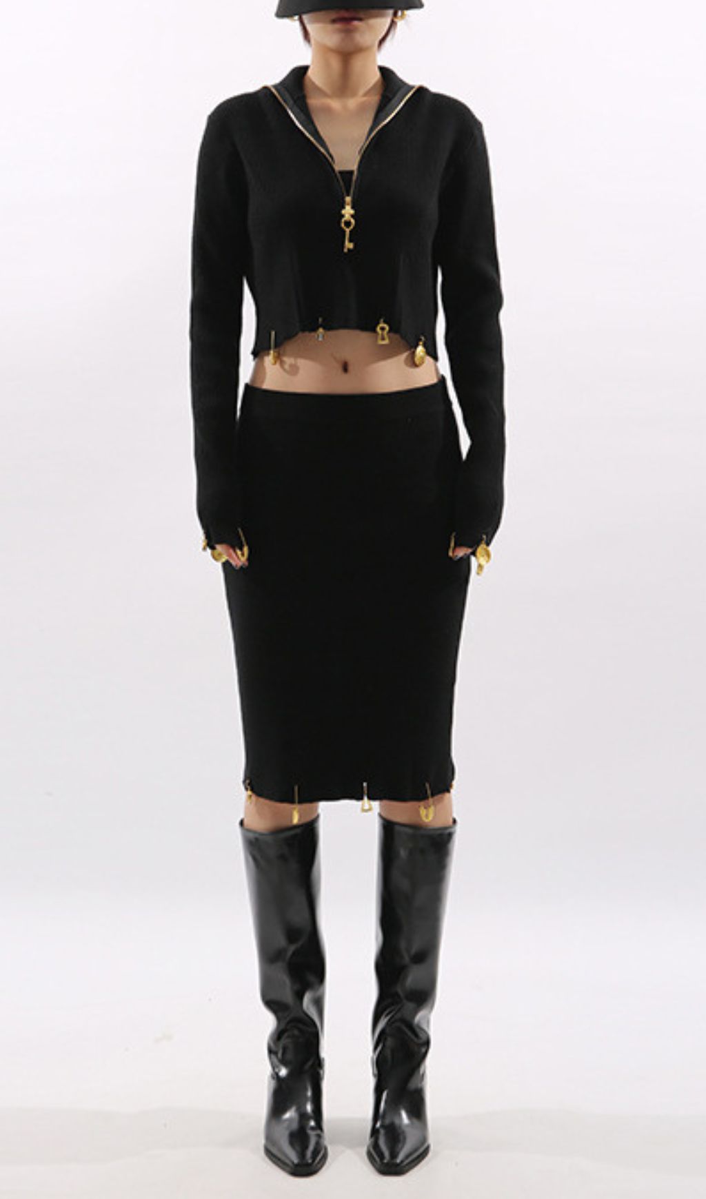 Idun Black Ribbed Knit Two-Piece Set | Edgy Cropped Top & Pencil Skirt with Gold Charms