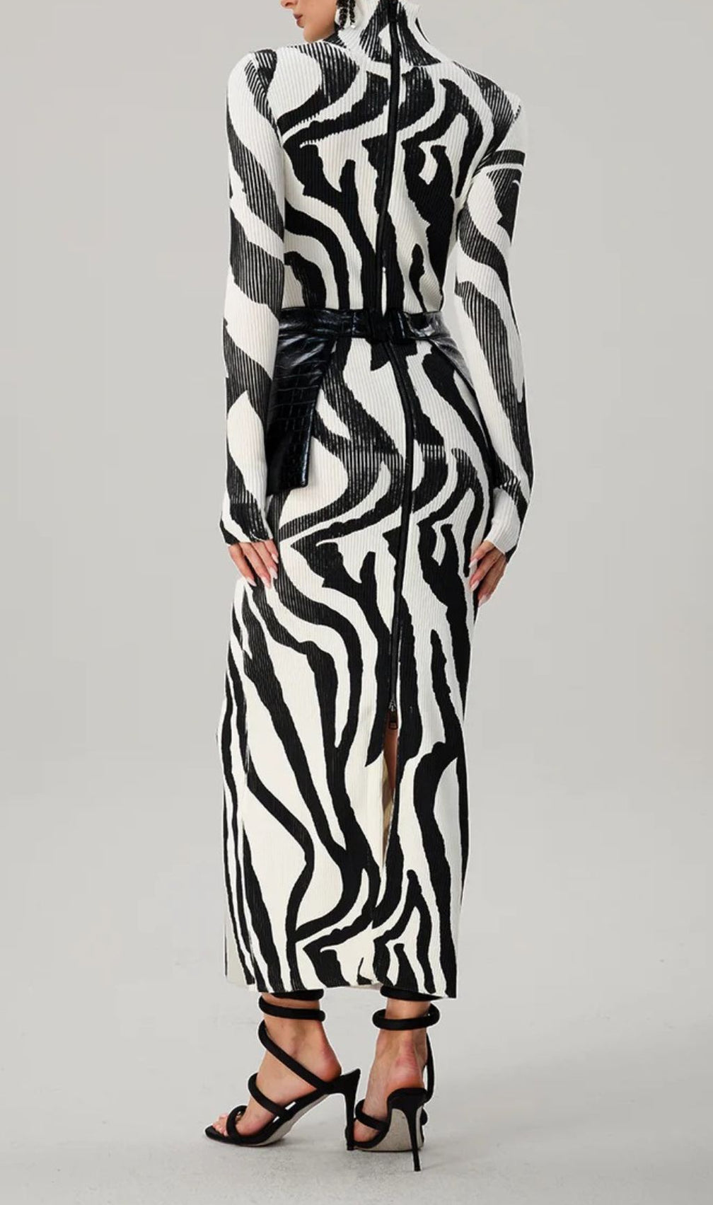 Farrux Zebra Print High-Neck Bodycon Maxi Dress - Fierce & Chic Knit
