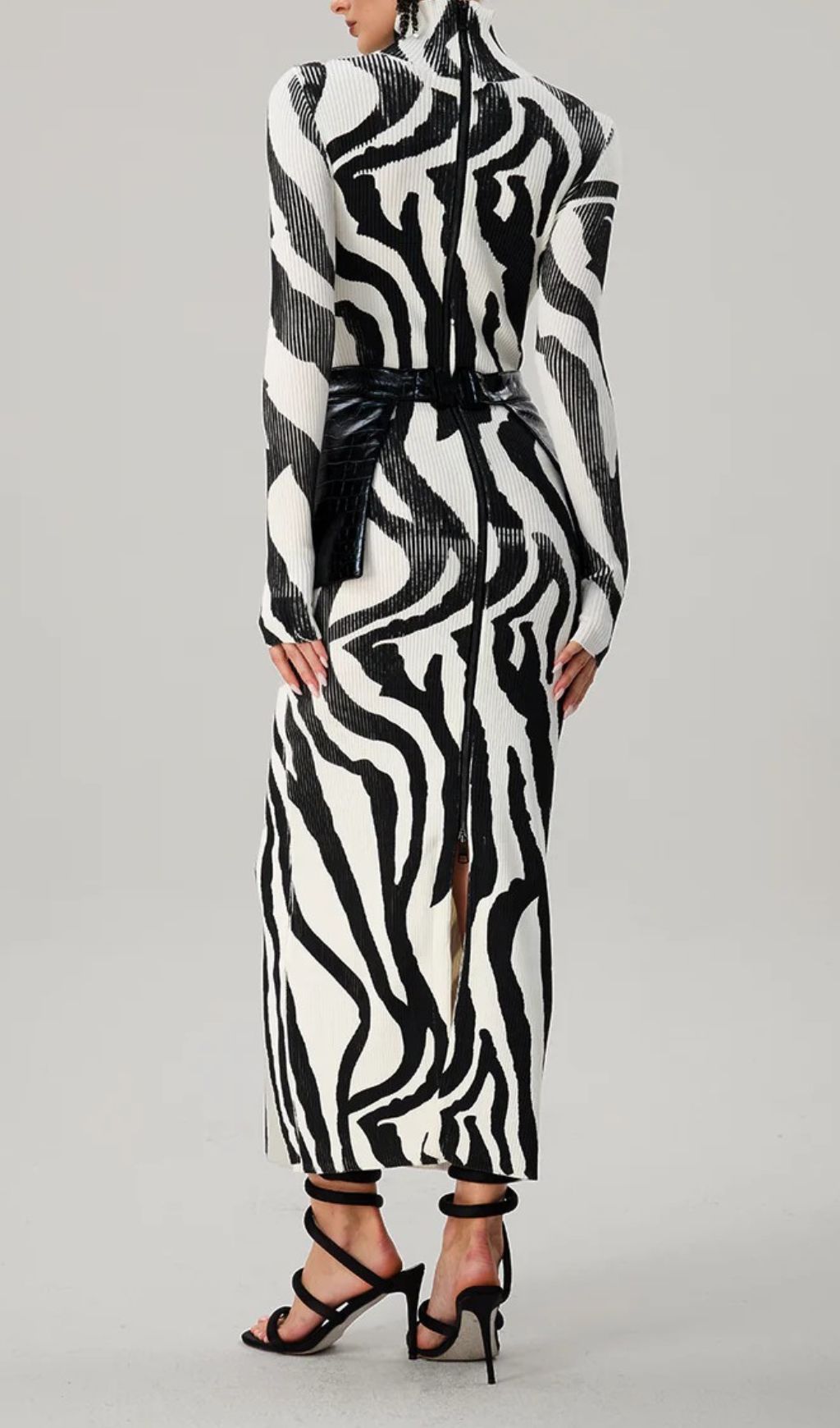 Farrux Zebra Print High-Neck Bodycon Maxi Dress - Fierce & Chic Knit