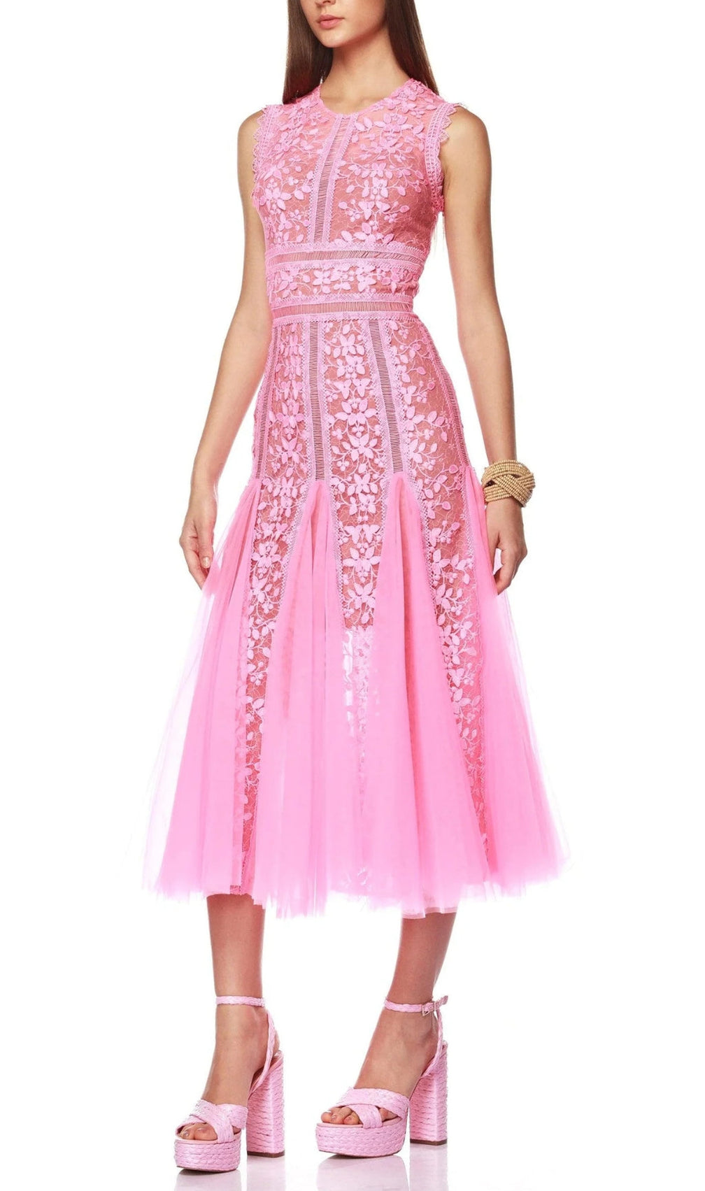 Audrianna Pink Embroidery Mesh Midi Dress