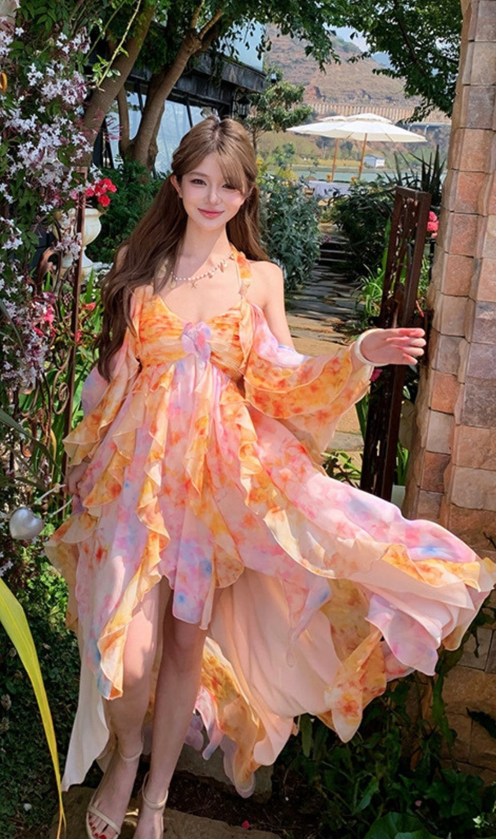 Komali Printed Butterfly Ruffle Maxi Dress