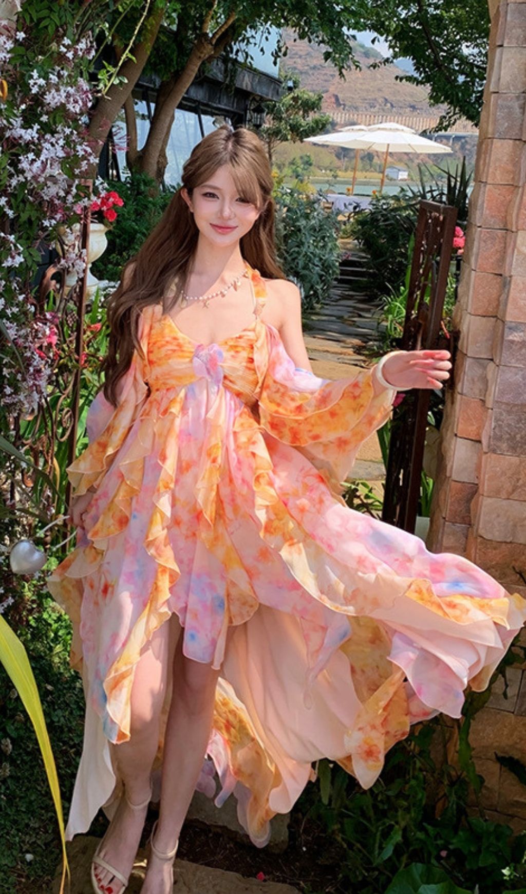 Komali Printed Butterfly Ruffle Maxi Dress