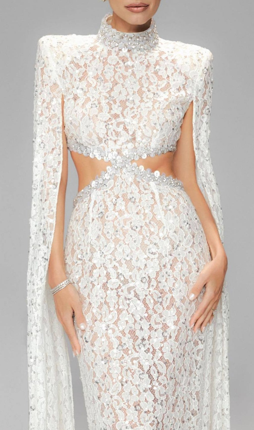 Katoka Glamour White Lace Sequin Cutout Maxi Gown with Flowing Cape Sleeves