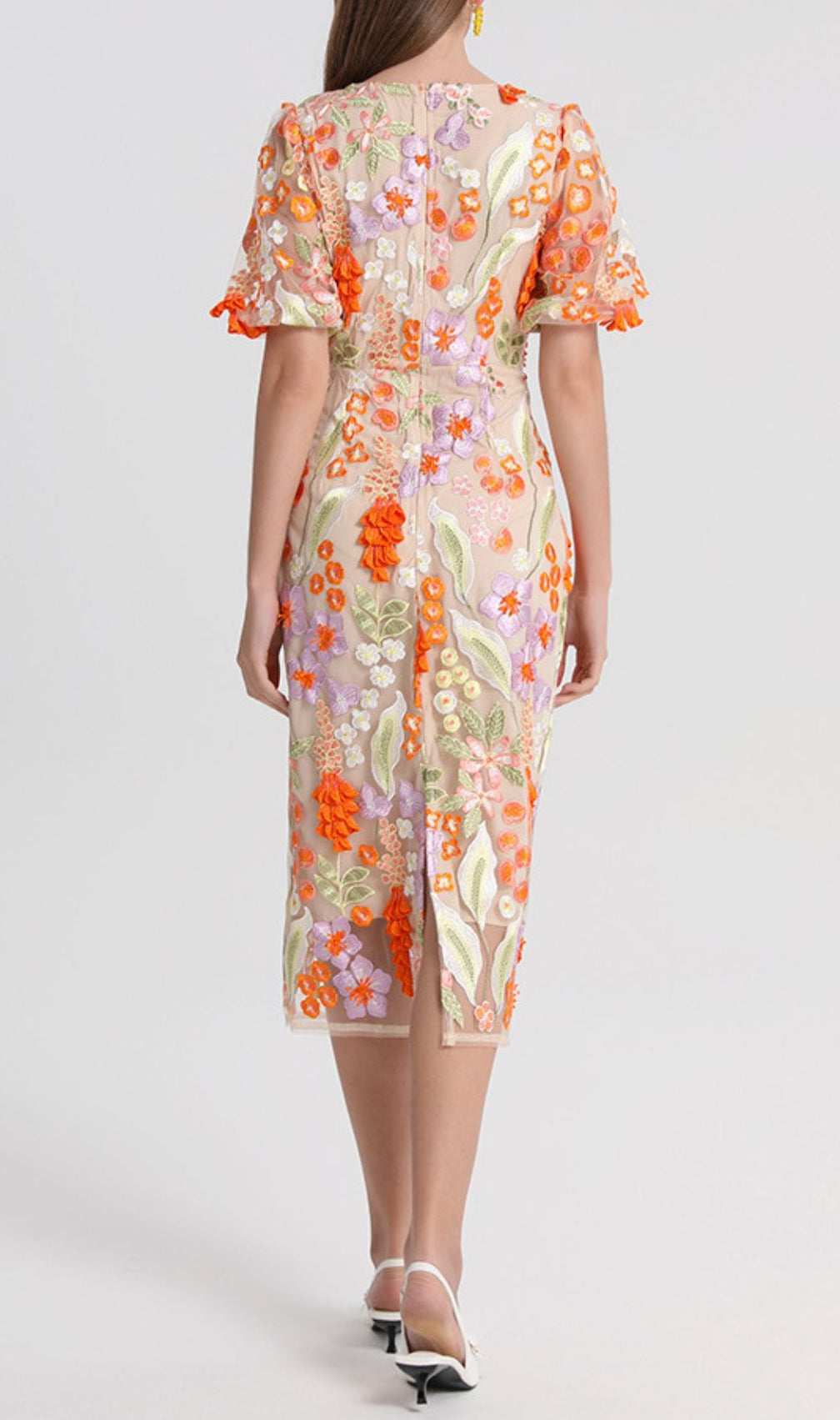 Fujiye V-Neck Flower Embroidery Midi Dress
