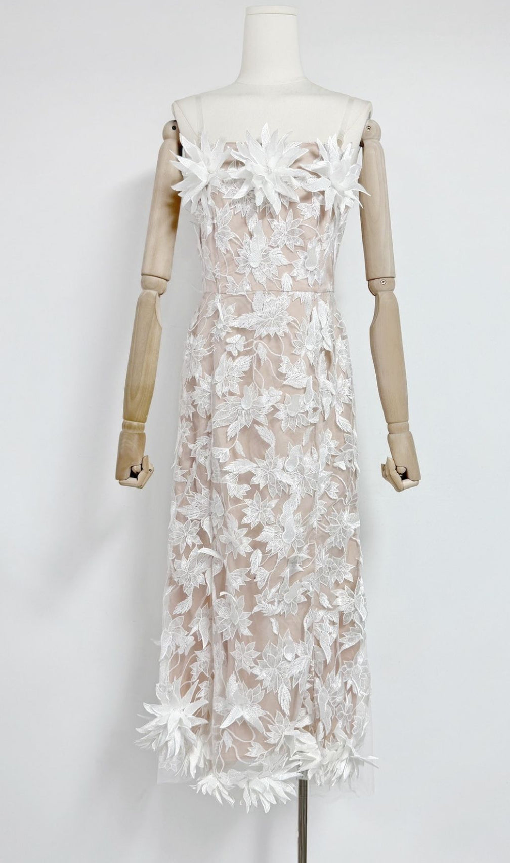 Derya White Strapless 3D Floral Midi Dress - Elegant Wedding Guest & Party