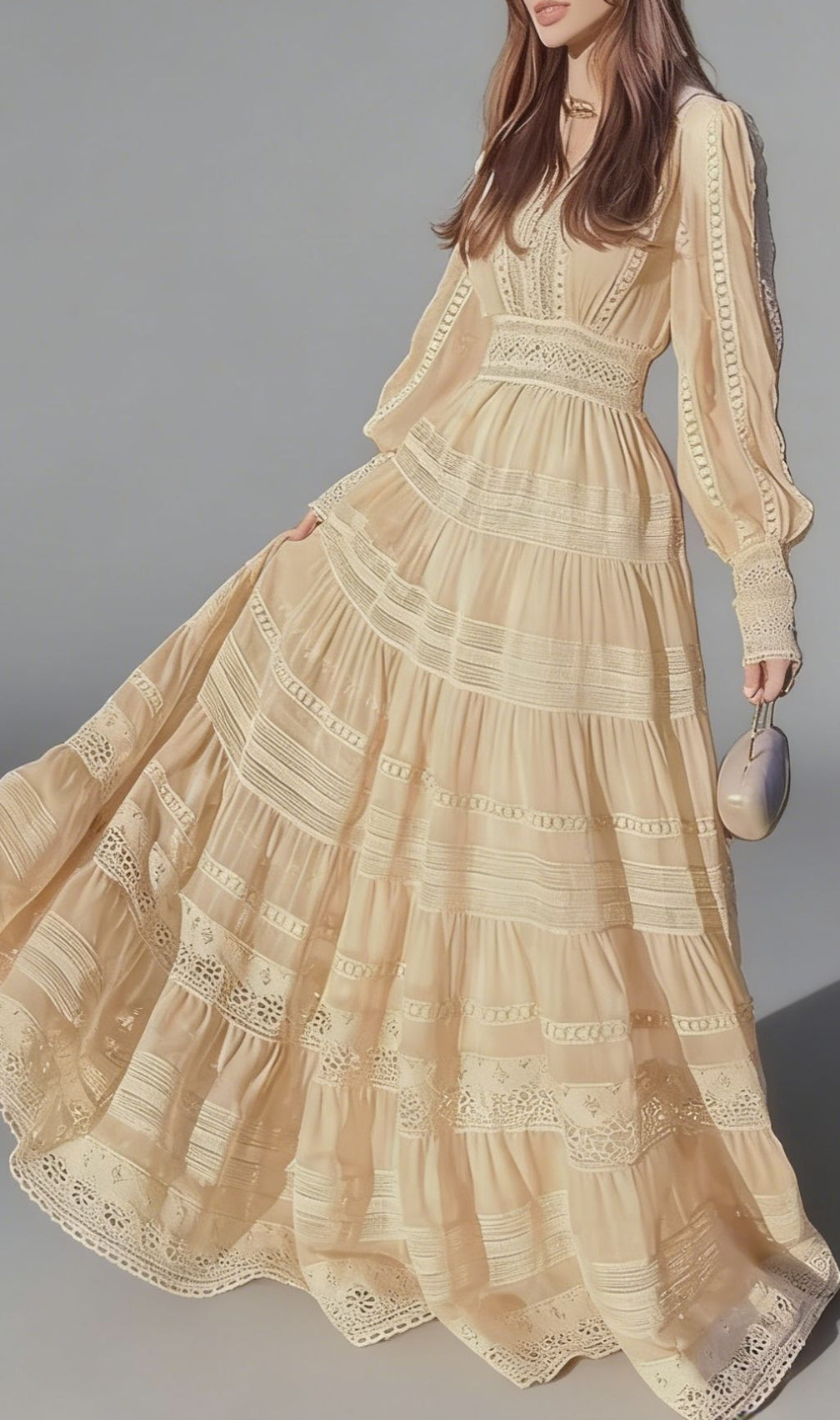 Kamara Romantic Apricot Tiered Lace Maxi Dress - Elegant Long Sleeve Boho Gown