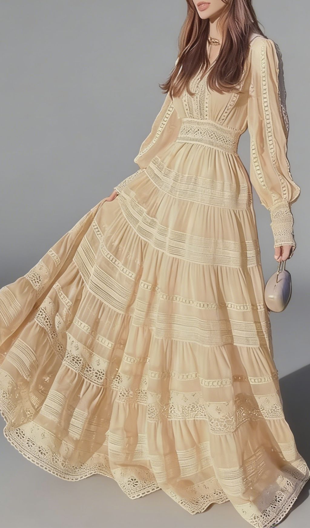 Kamara Romantic Apricot Tiered Lace Maxi Dress - Elegant Long Sleeve Boho Gown
