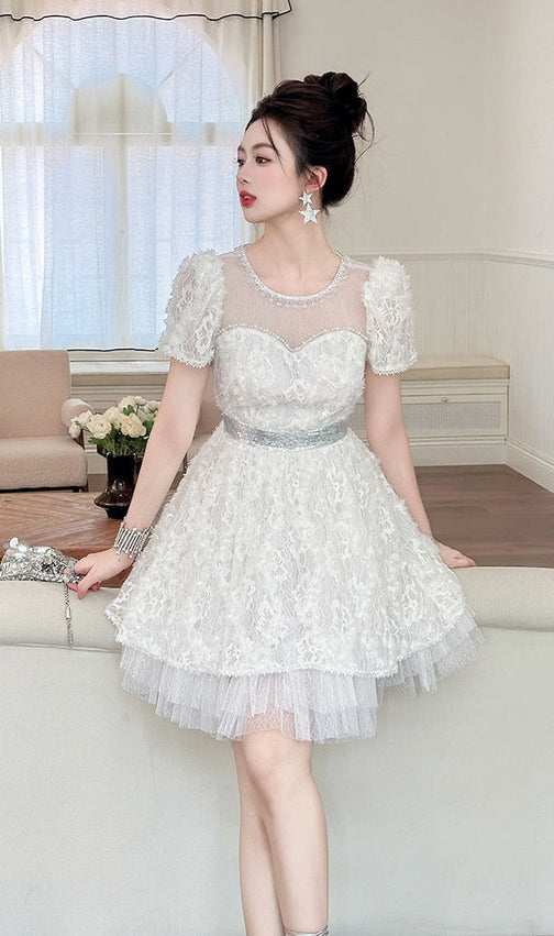 White Lace Sequin Puff Sleeve Mini Dress with Tulle Hem