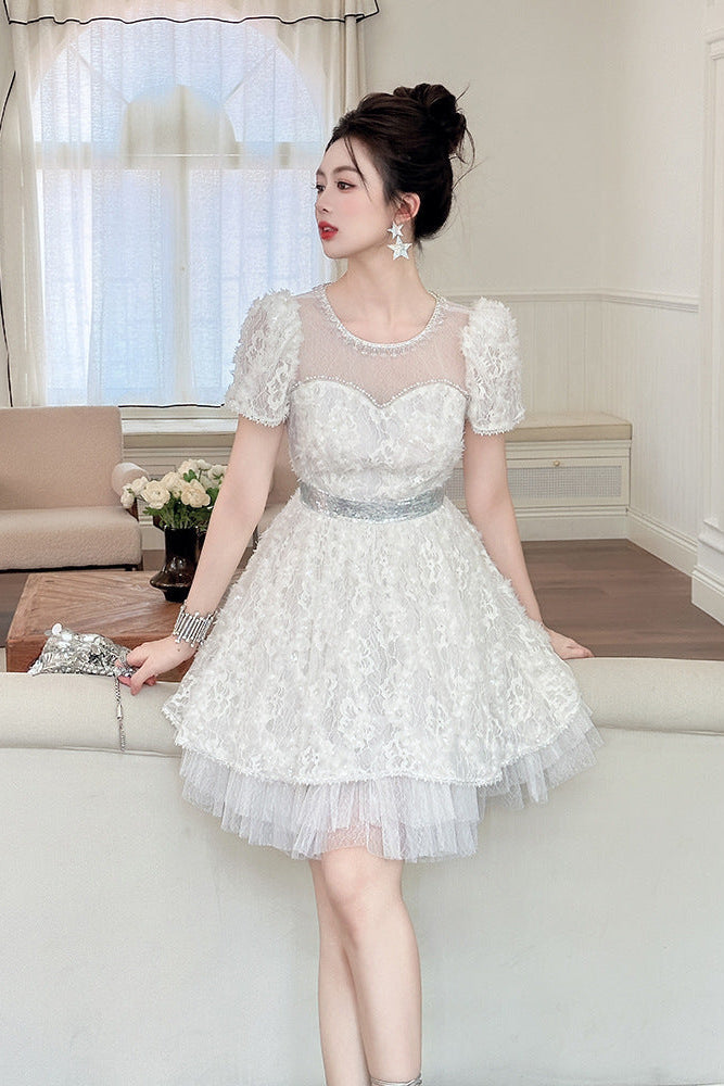 White Lace Sequin Puff Sleeve Mini Dress with Tulle Hem